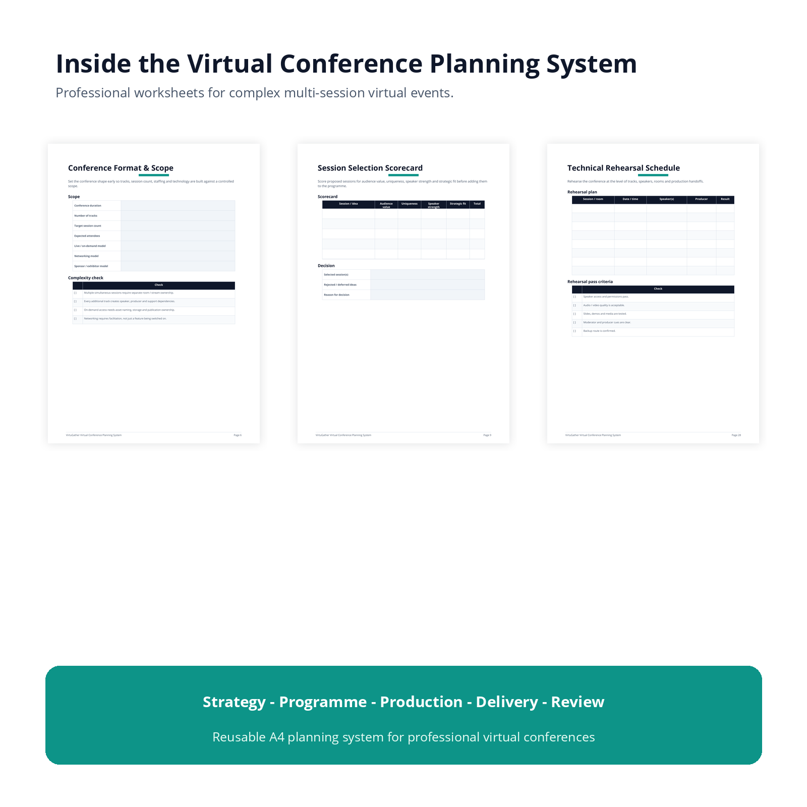 VirtuGather Virtual Conference Planning System preview pages